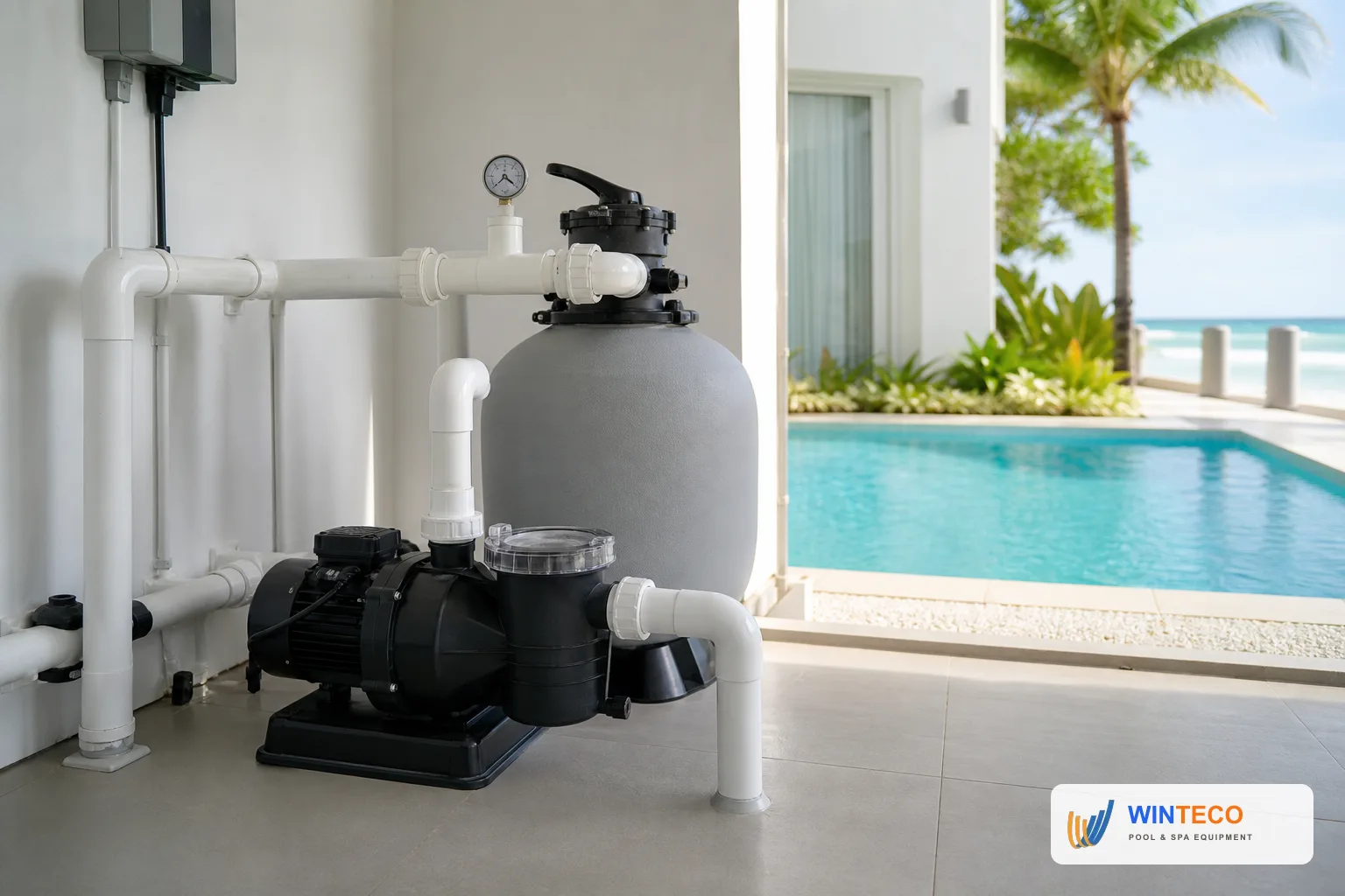 Máy bơm và bình lọc trong phòng kỹ thuật bể bơi gia đình