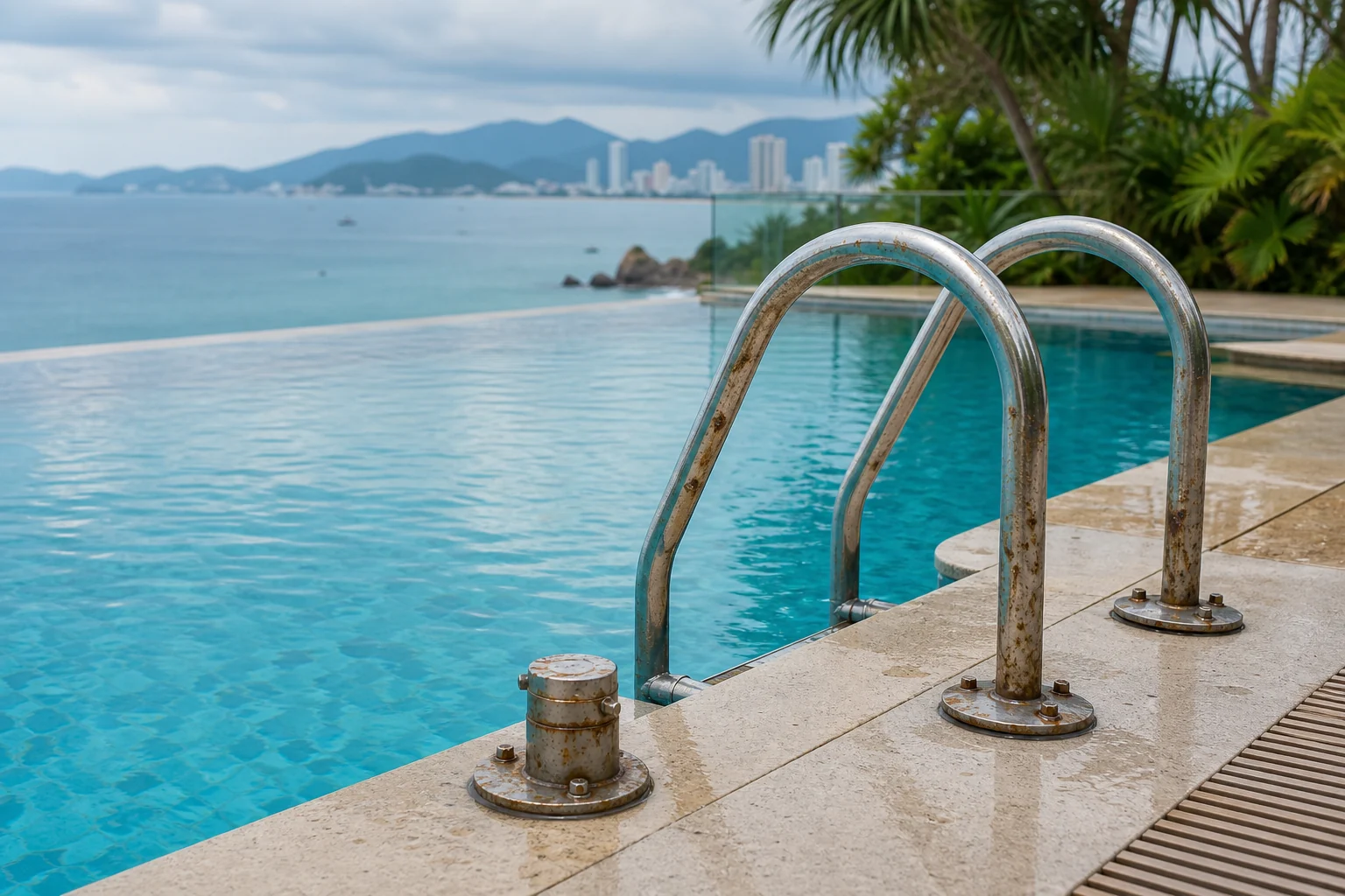 Thang inox hồ bơi ven biển xuất hiện vết gỉ do hơi muối