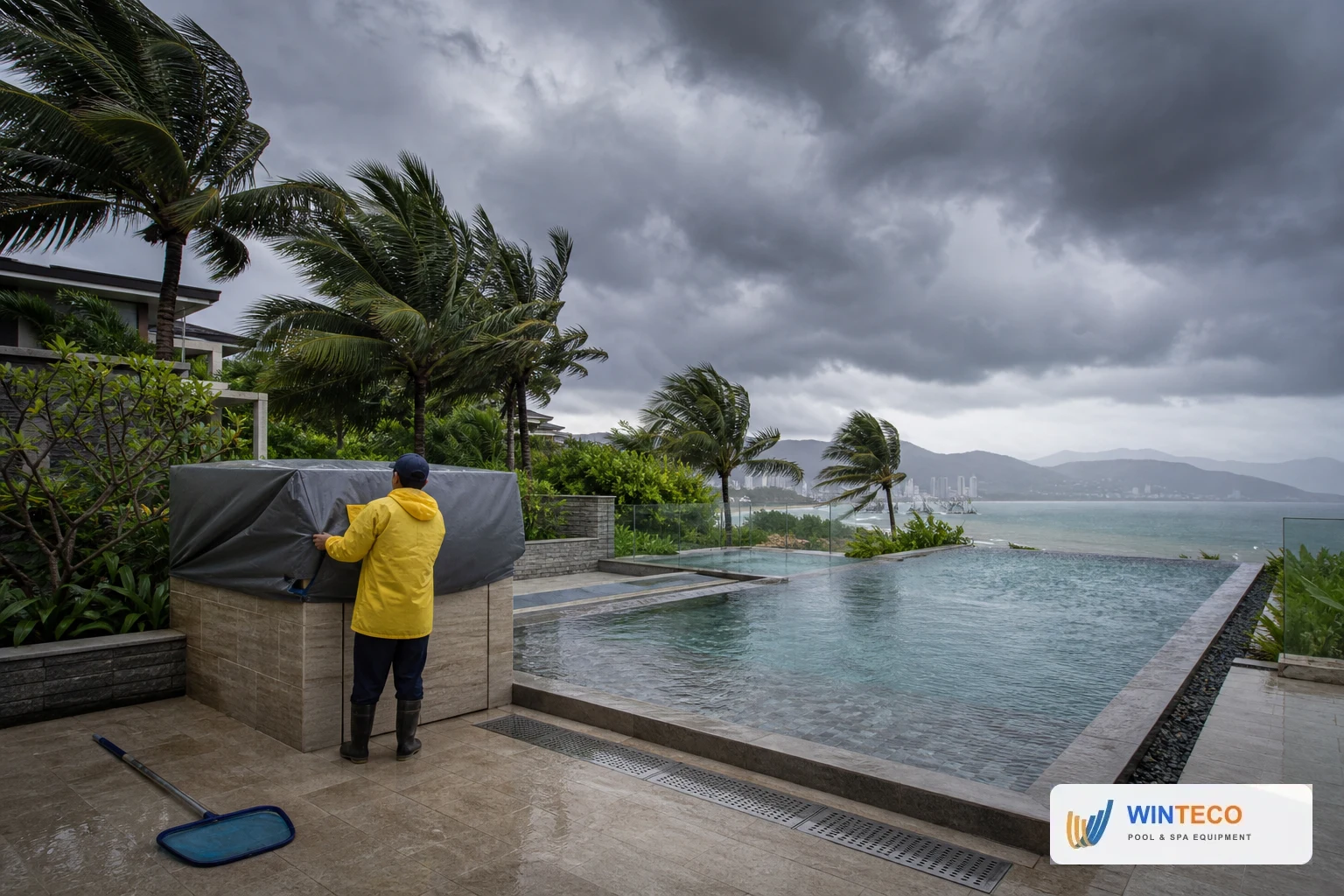 Kỹ thuật viên che chắn khu thiết bị hồ bơi villa Nha Trang trước khi trời chuyển giông