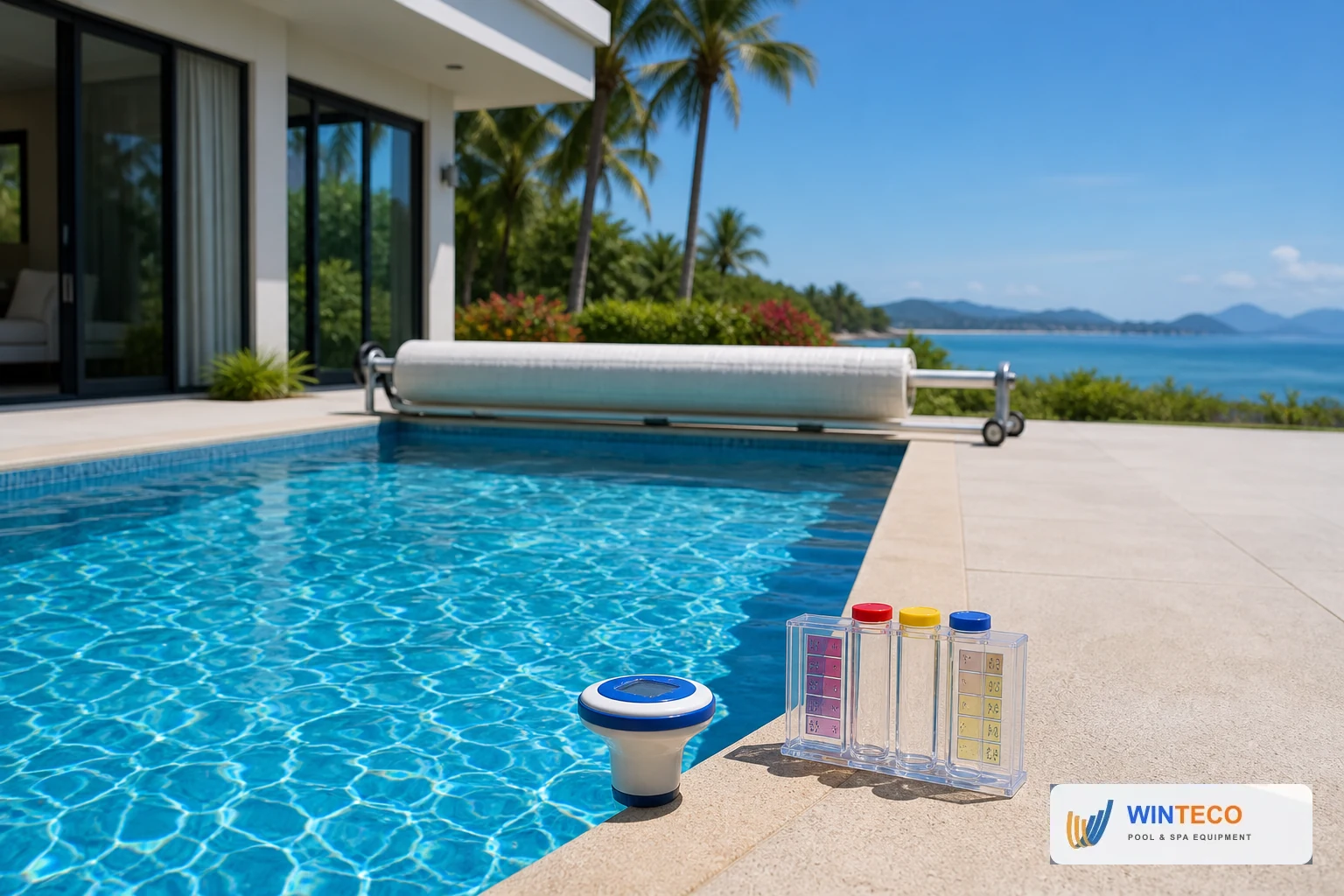 Hồ bơi villa ven biển Khánh Hòa trong nắng với bộ thử nước và cuộn che hồ