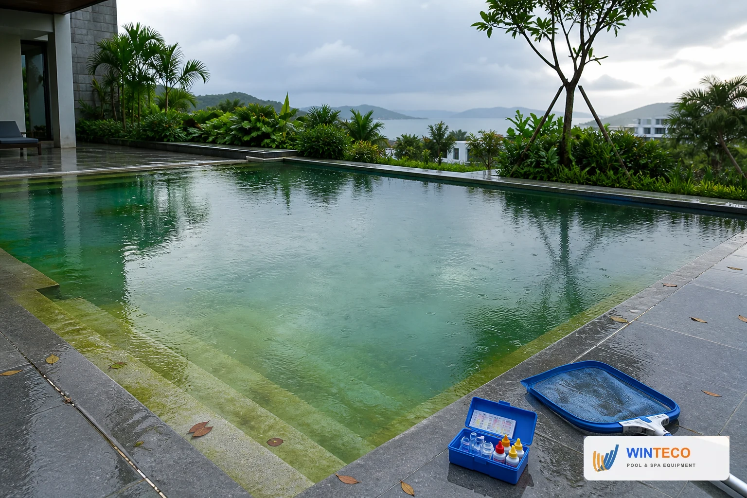 Hồ bơi tại Nha Trang bị đục xanh sau mưa với bộ thử nước và vợt vệ sinh trên sàn