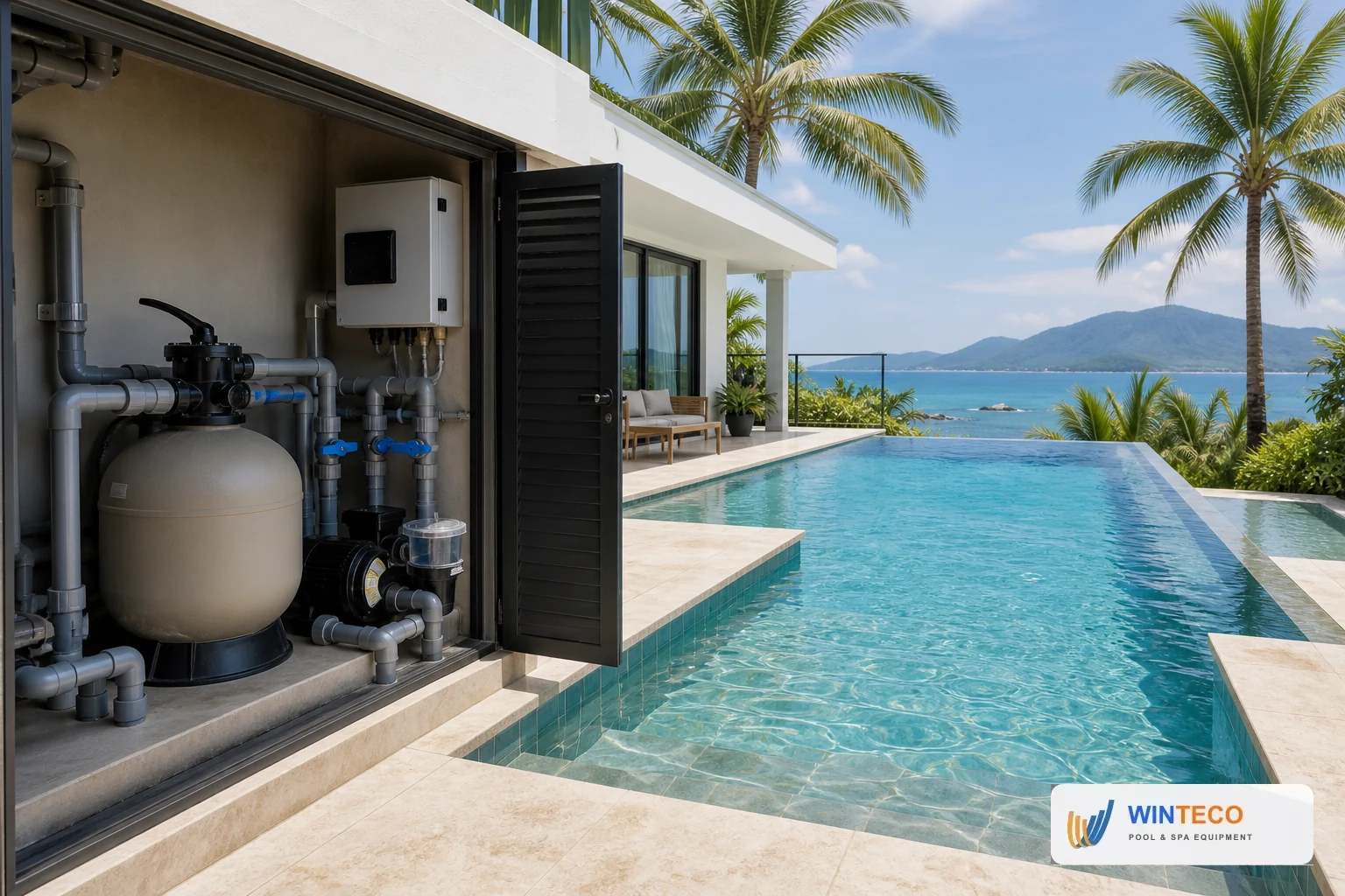 Hệ thống bơm lọc gọn gàng bên hồ bơi villa ven biển Nha Trang